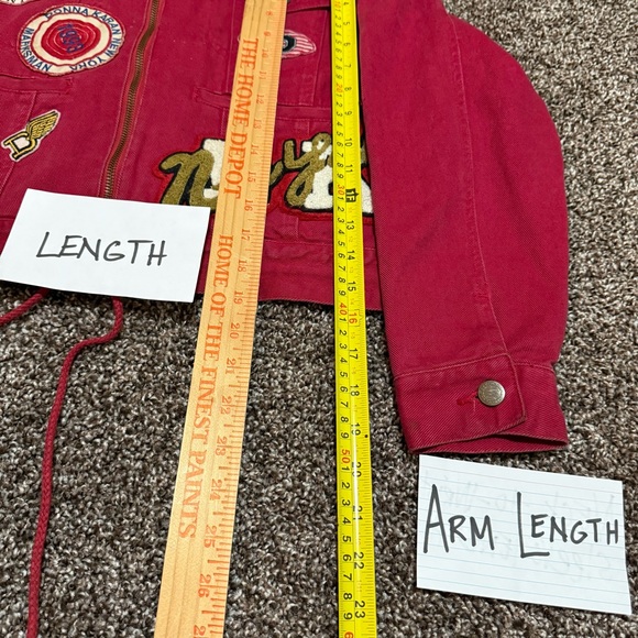 DKNY jeans‎ culture M Vibrant Red Embroidered patches crop bomber Jacket zip Y2K - Picture 8 of 8
